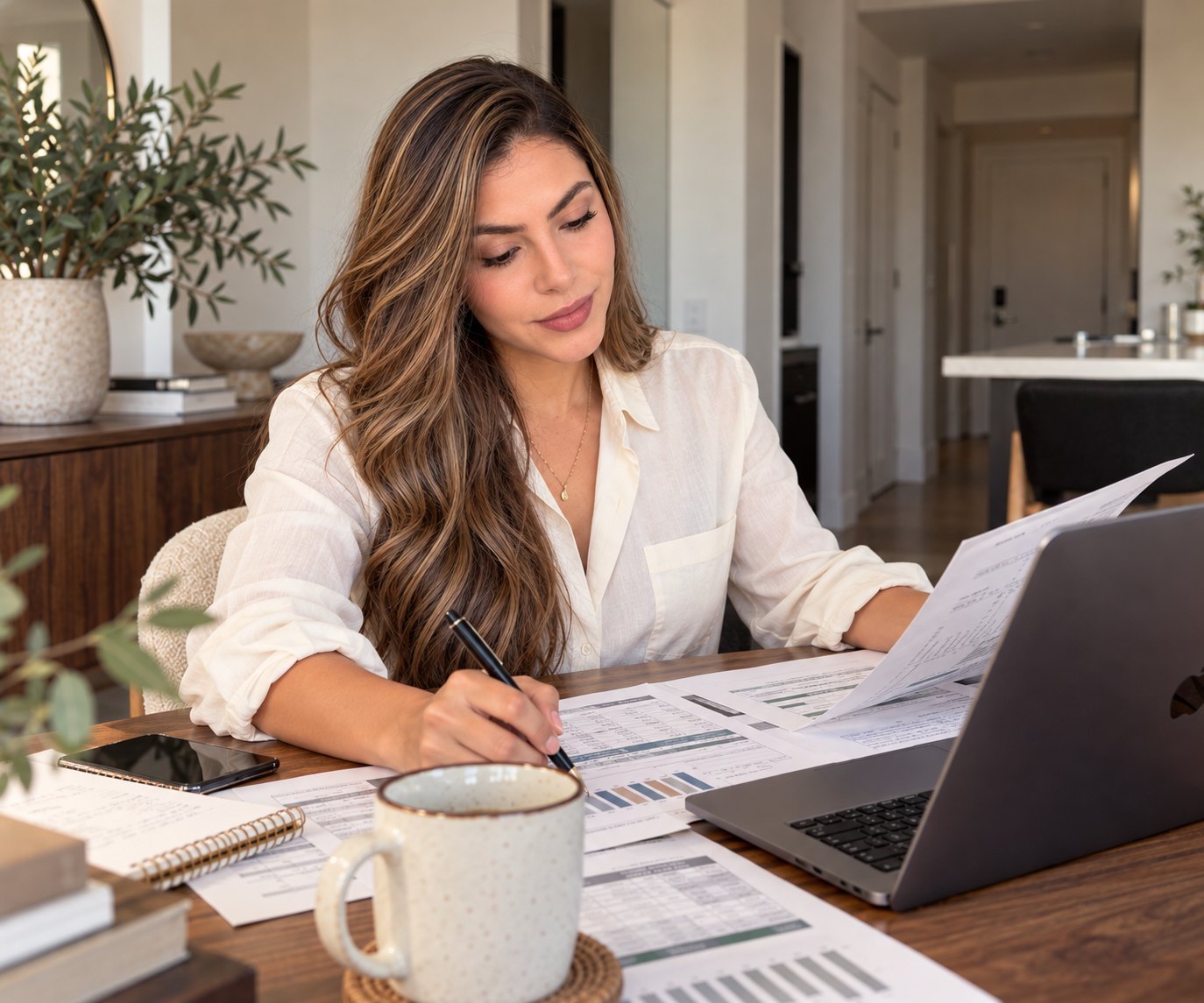 Yanny Leal reviewing printed reports at her desk